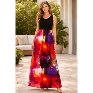 Chelsea & Theodore Maxi Dress L Black Bodice Floral Watercolor Art Flowy Elegant